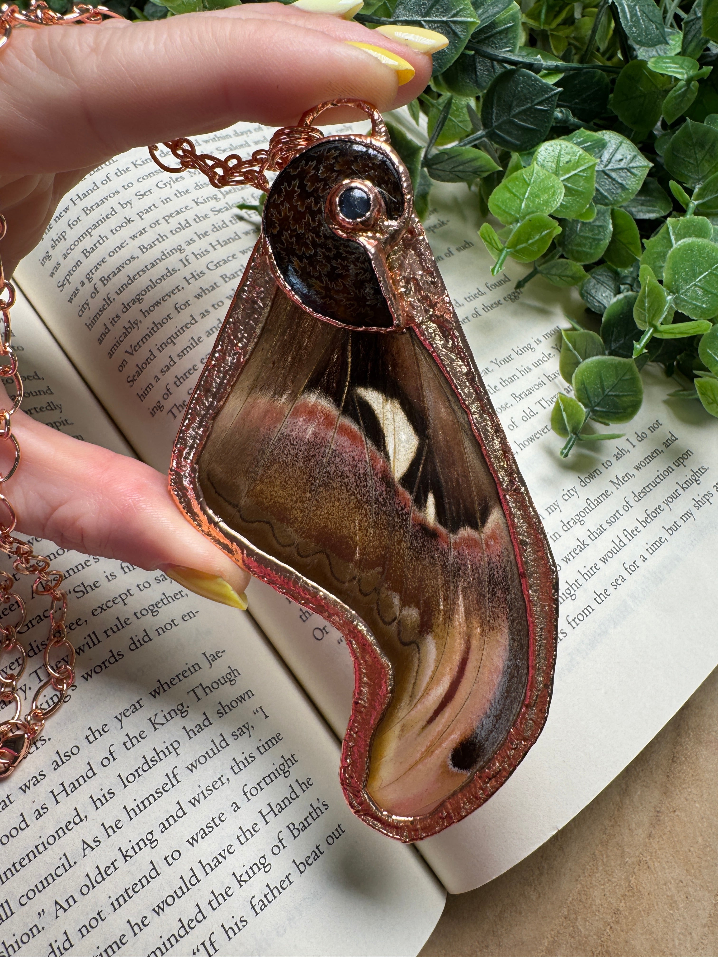 Atlas Moth Wing, Ammonite Fossil, and Labradorite Necklace detail view by Copper Ashes