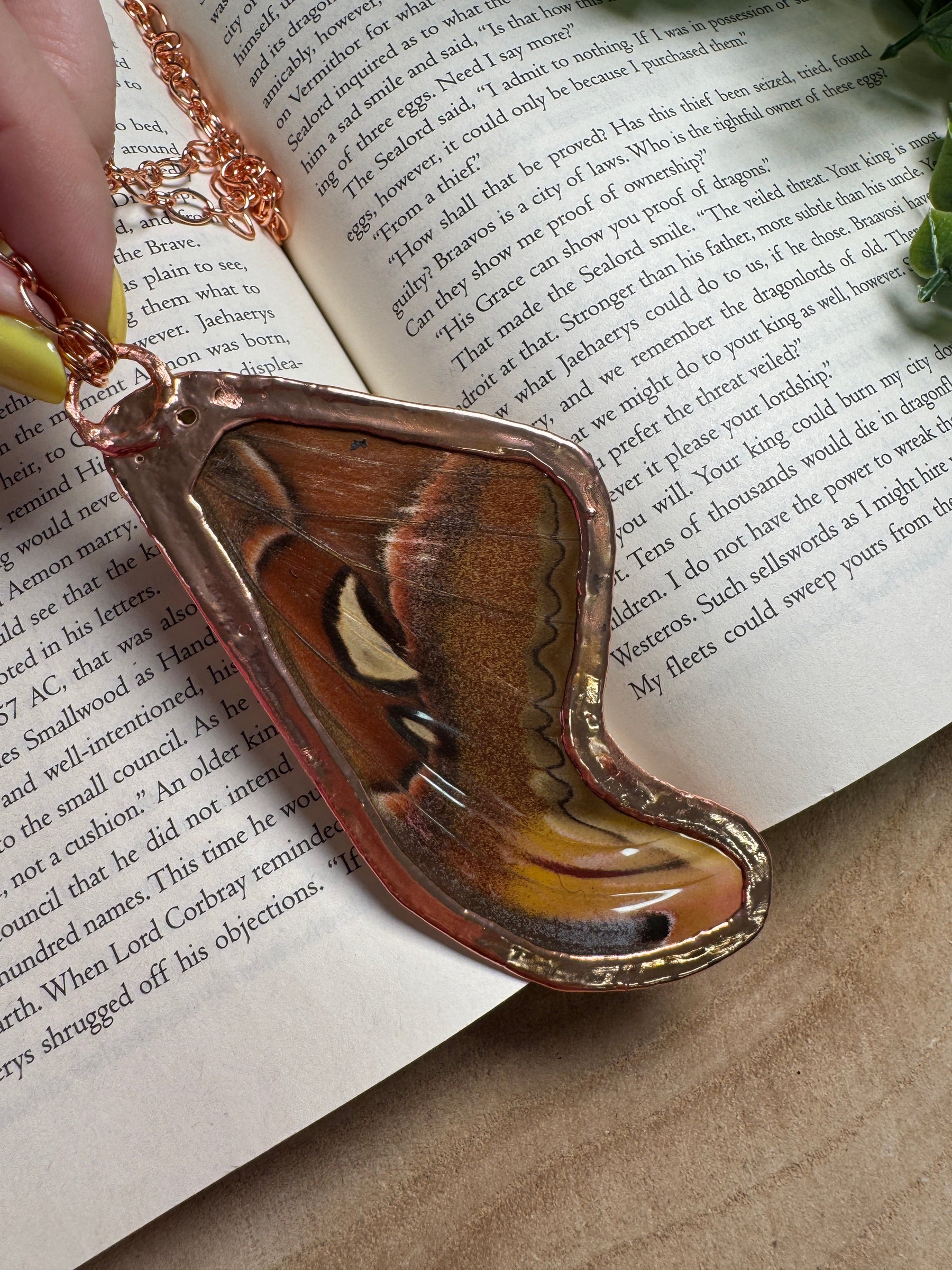 Atlas Moth Wing, Ammonite Fossil, and Labradorite Necklace detail view by Copper Ashes