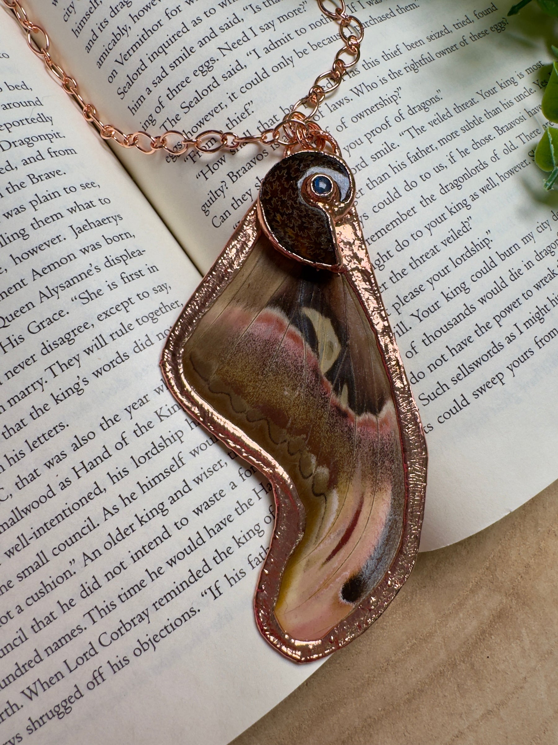 Atlas Moth Wing, Ammonite Fossil, and Labradorite Necklace detail view by Copper Ashes