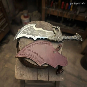 Blades of Chaos Replica Inspired Crescent Blade With Leather Sheath by JW SteelCrafts, leather knife sheath detail photo 2