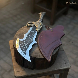 Blades of Chaos Replica Inspired Crescent Blade With Leather Sheath by JW SteelCrafts, leather knife sheath detail photo 3