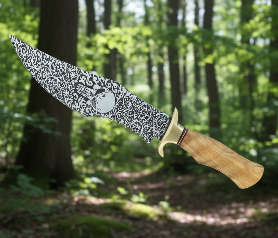 D2 Steel Bowie Knife | 17" | Mirror High Polish | Olive Wood & Brass Guard | Leather Sheath