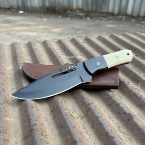Straight Back Hunting Knife 5 Inch black powder coated Blade by JW SteelCrafts, Damascus knife detail photo 2