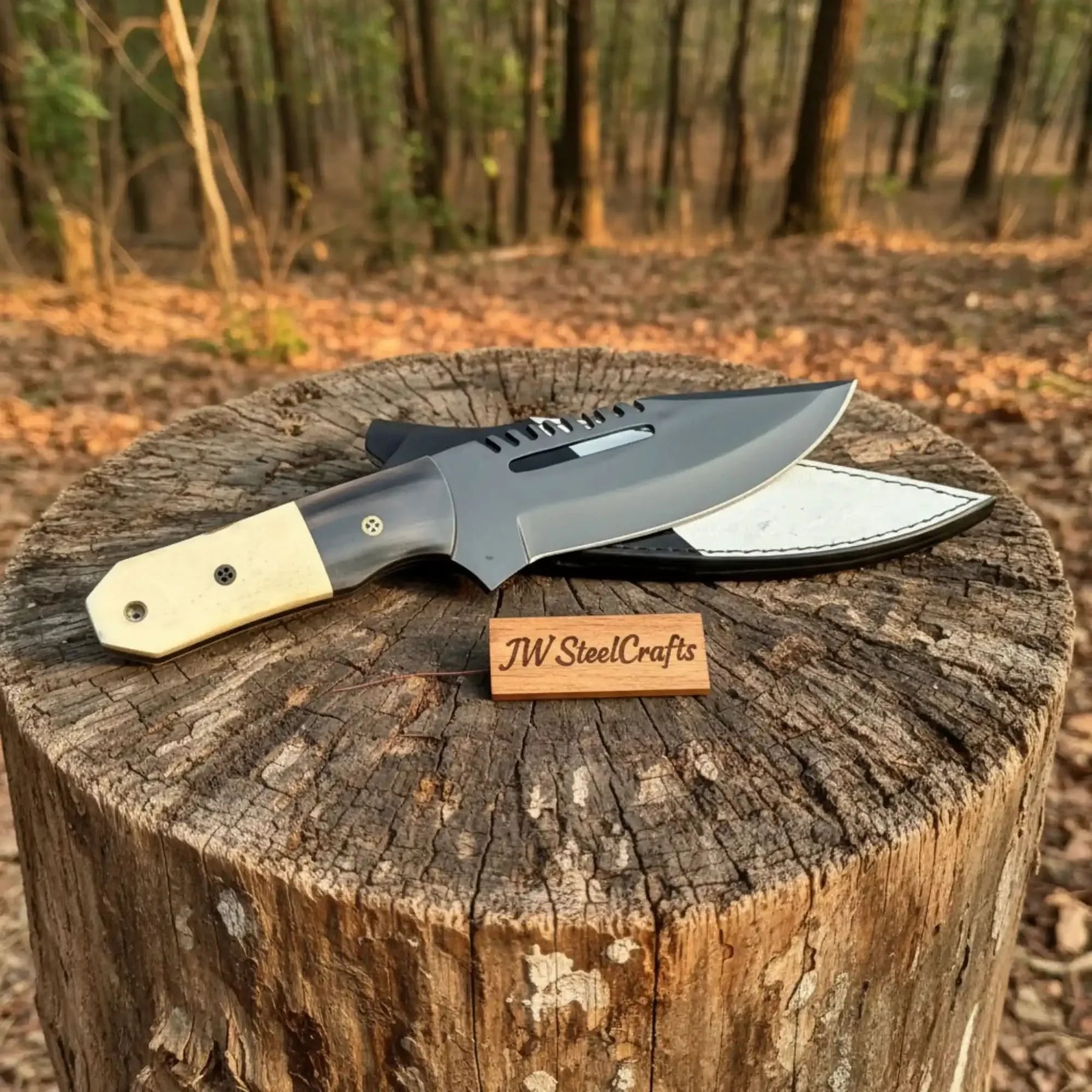 Straight Back Hunting Knife 5 Inch black powder coated Blade by JW SteelCrafts, Damascus knife detail photo 3