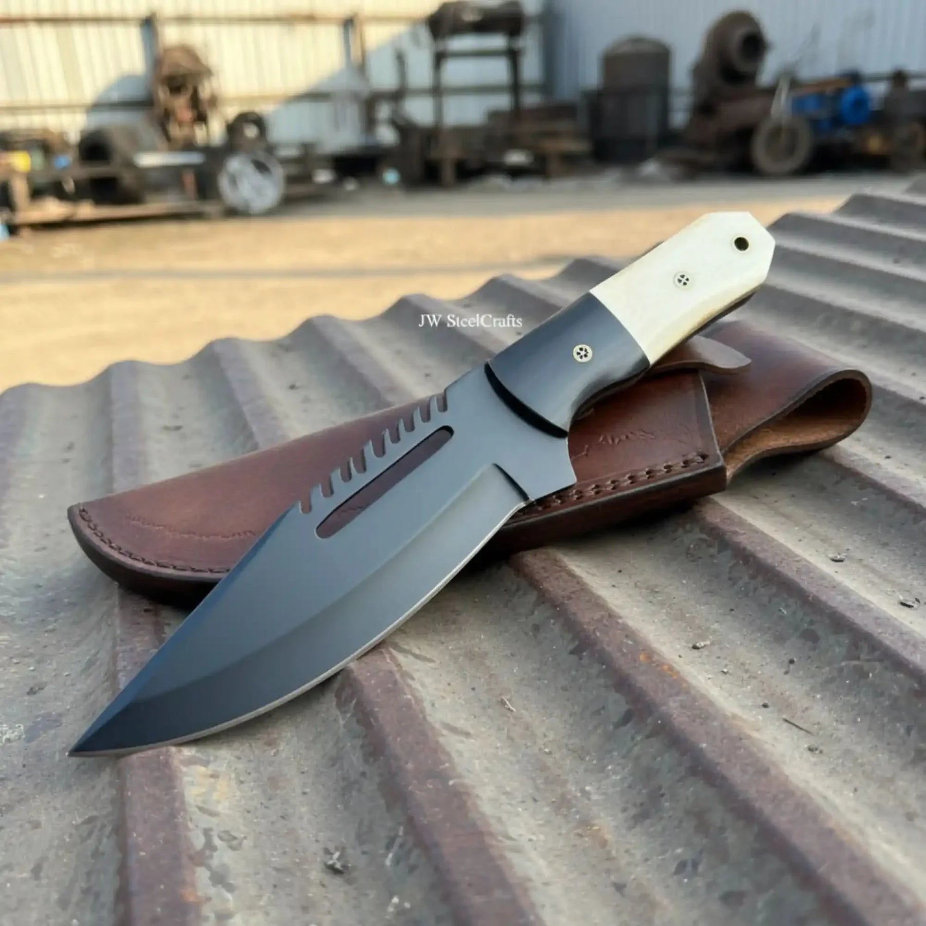 Straight Back Hunting Knife 5 Inch black powder coated Blade by JW SteelCrafts, Damascus knife main product photo