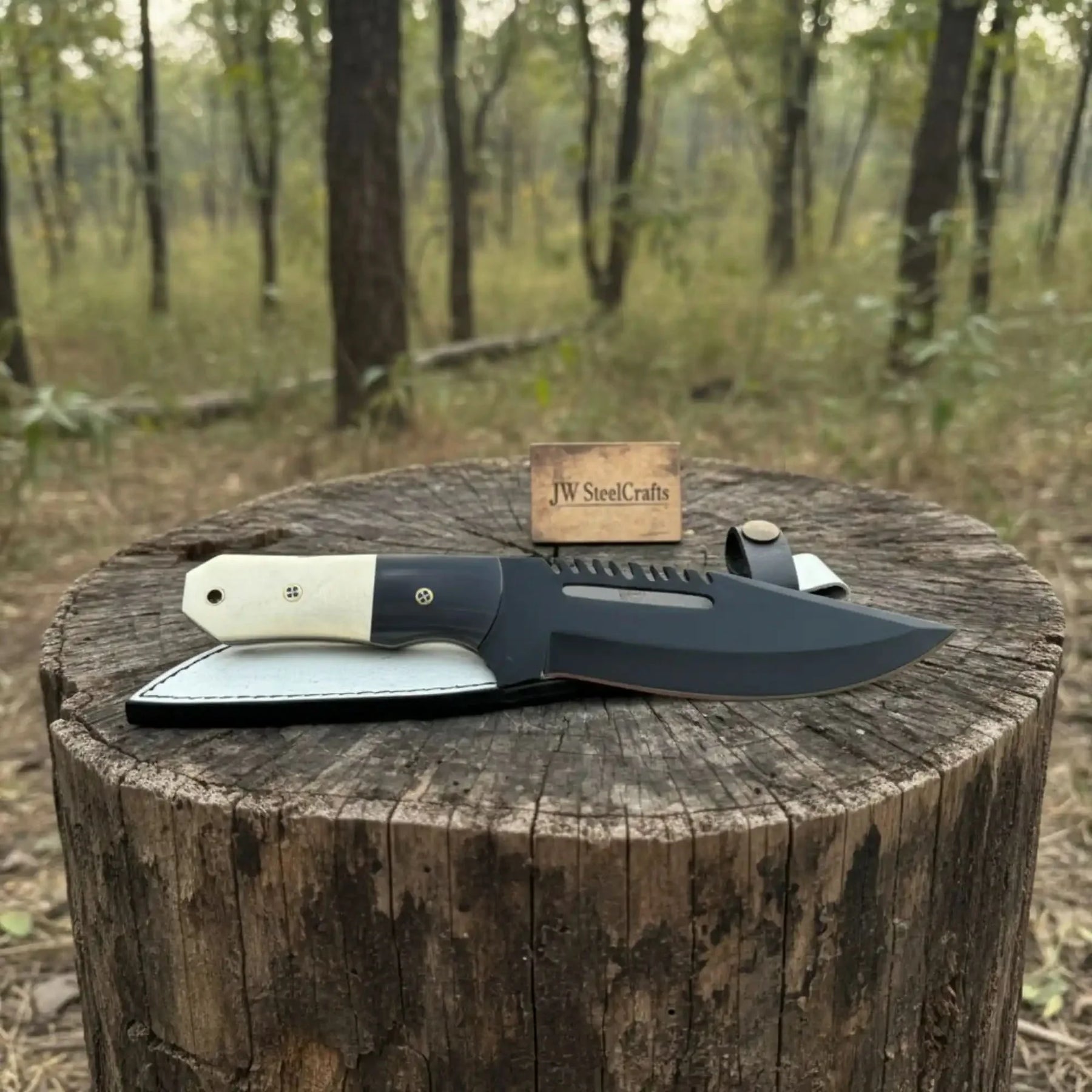 Straight Back Utility Knife 8” Blade Fixed Blade Filework Spine Bone Handle with Sheath by JW SteelCrafts, leather knife sheath detail photo 3