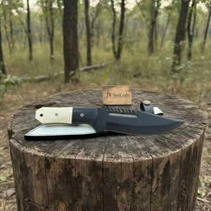 Straight Back Utility Knife 8” Blade Fixed Blade Filework Spine Bone Handle with Sheath by JW SteelCrafts, leather knife sheath detail photo 3