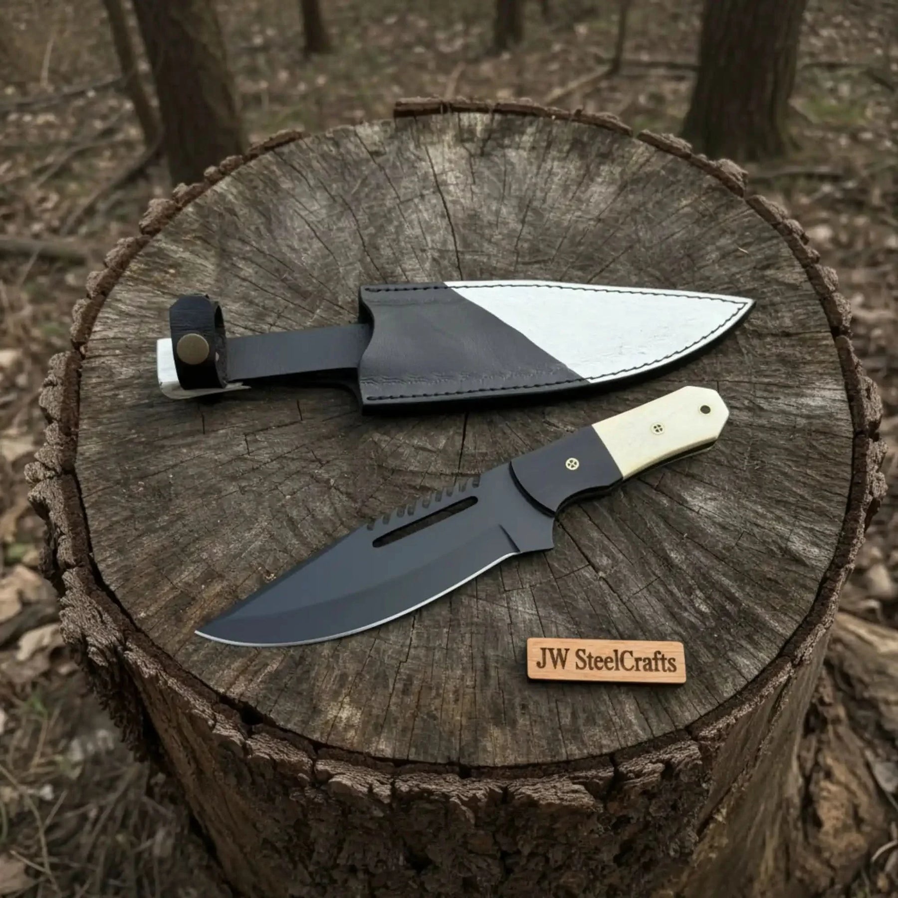 Straight Back Utility Knife 8” Blade Fixed Blade Filework Spine Bone Handle with Sheath by JW SteelCrafts, leather knife sheath main product photo