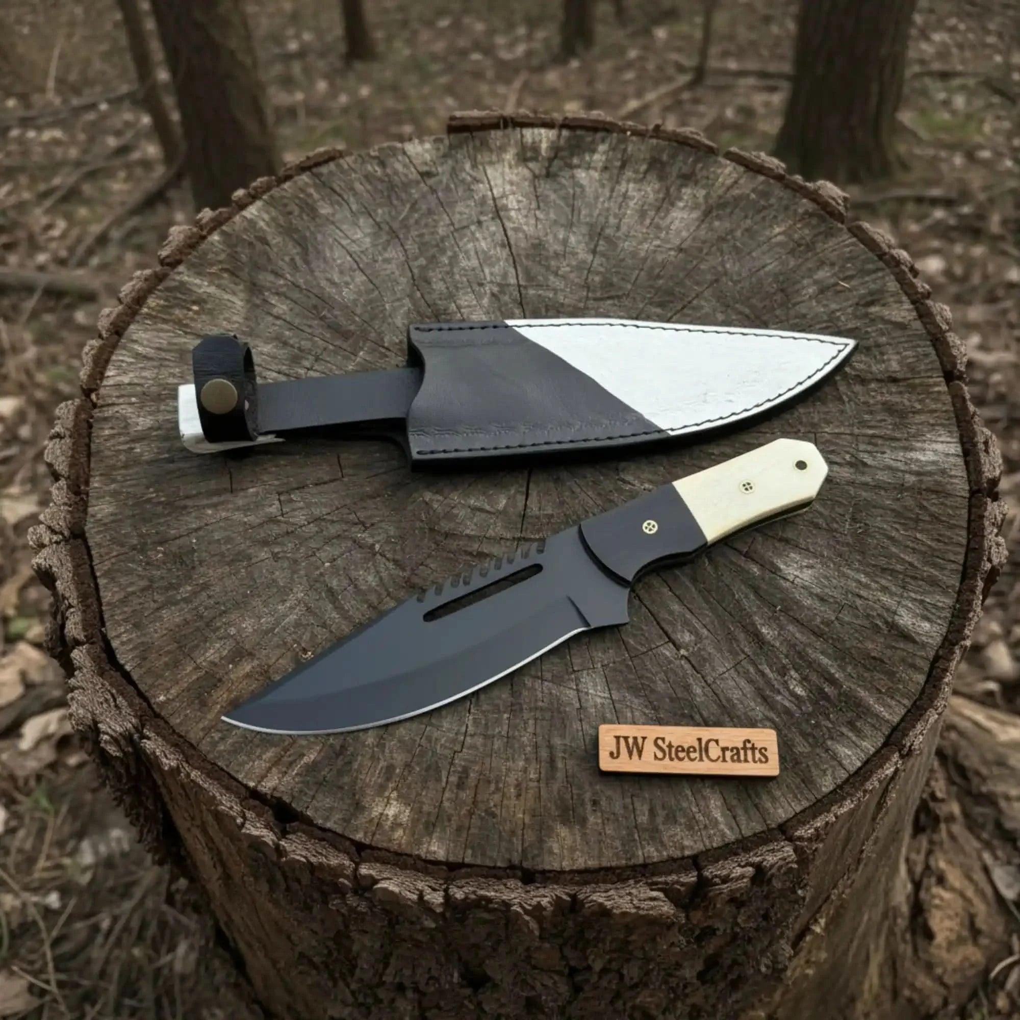 Straight Back Utility Knife 8” Blade Fixed Blade Filework Spine Bone Handle with Sheath by JW SteelCrafts, leather knife sheath main product photo