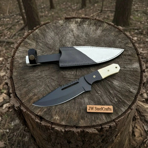 Straight Back Utility Knife 8” Blade Fixed Blade Filework Spine Bone Handle with Sheath by JW SteelCrafts, leather knife sheath main product photo