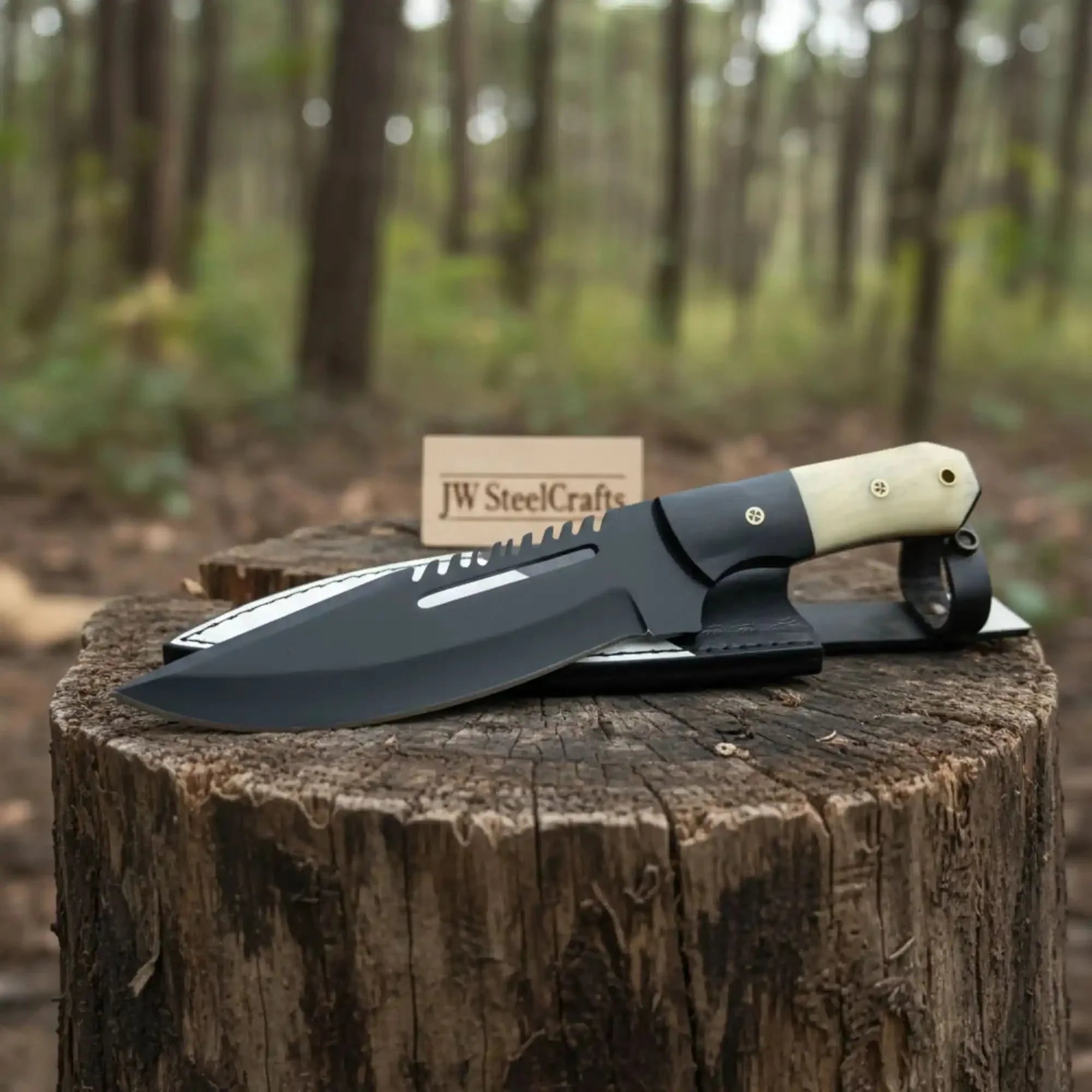 Straight Back Utility Knife 8” Blade Fixed Blade Filework Spine Bone Handle with Sheath by JW SteelCrafts, leather knife sheath detail photo 2