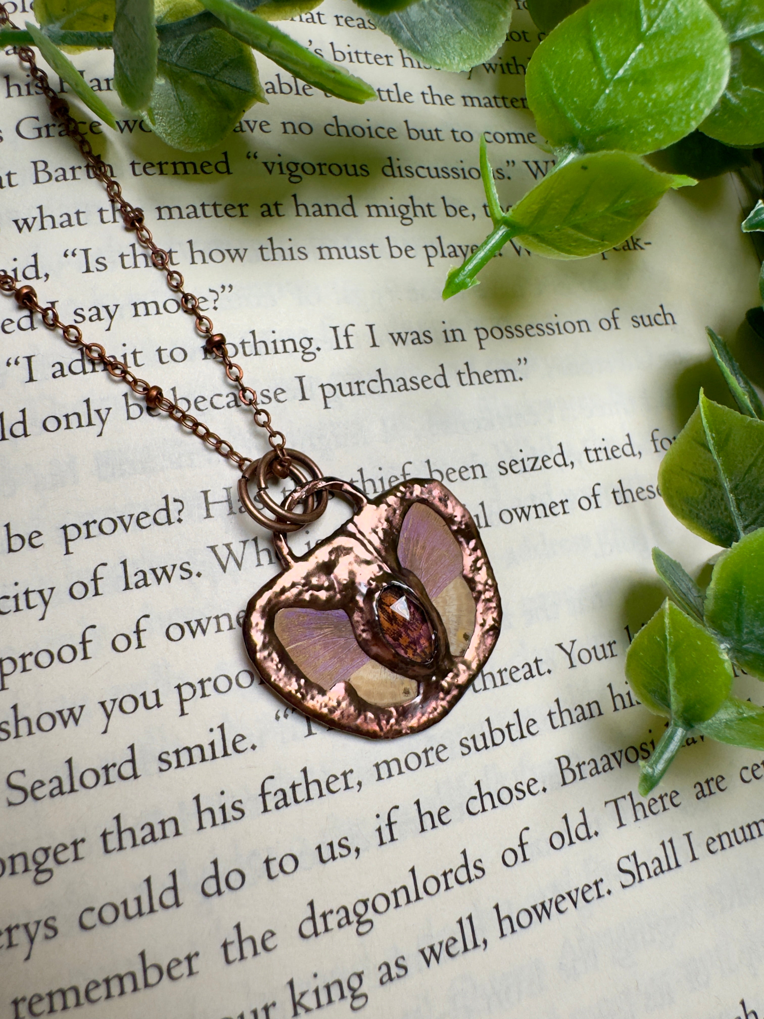 Butterfly and Amethyst Necklace detail view by Copper Ashes