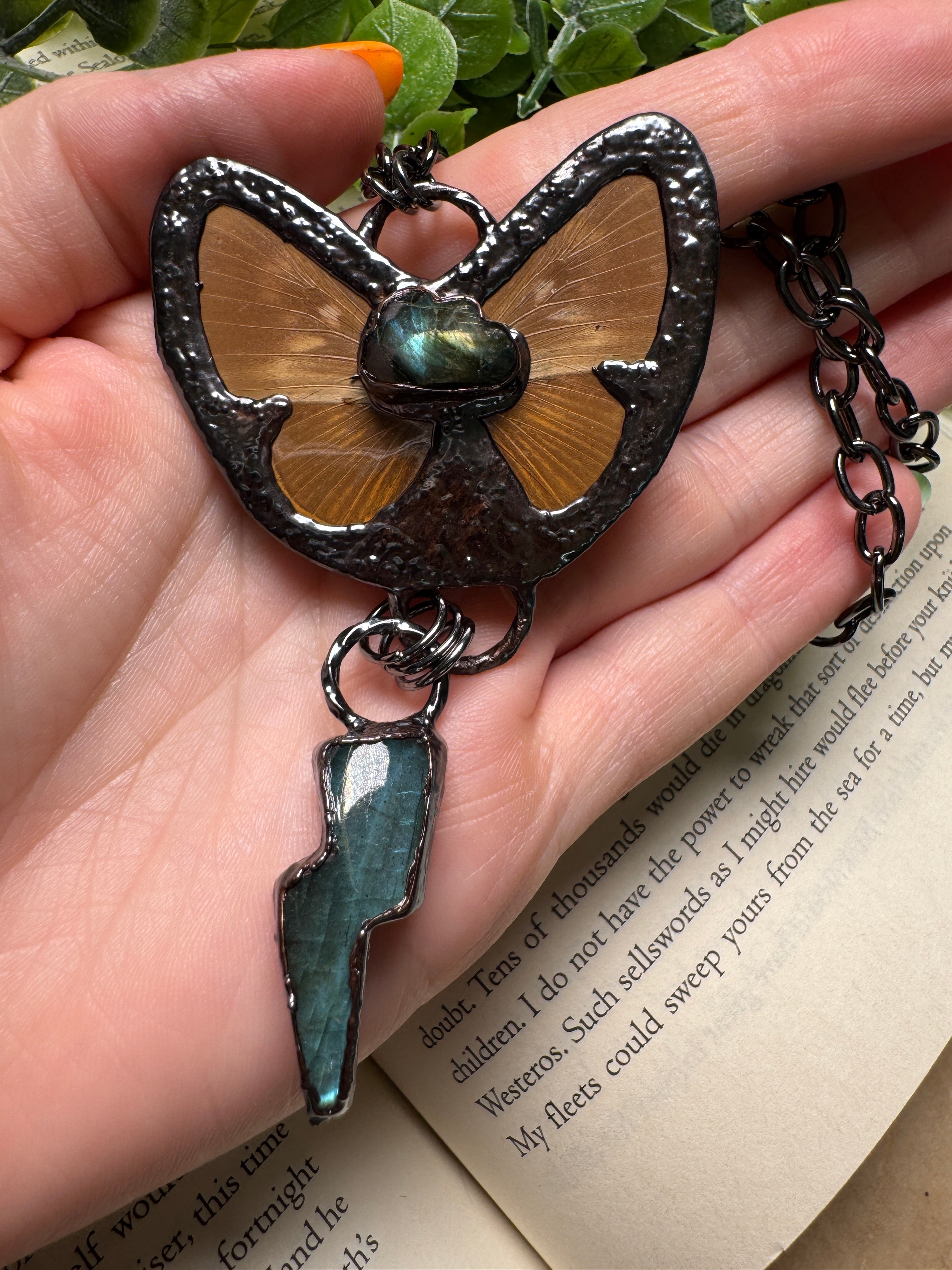 Butterfly and and Labradorite Necklace detail view by Copper Ashes