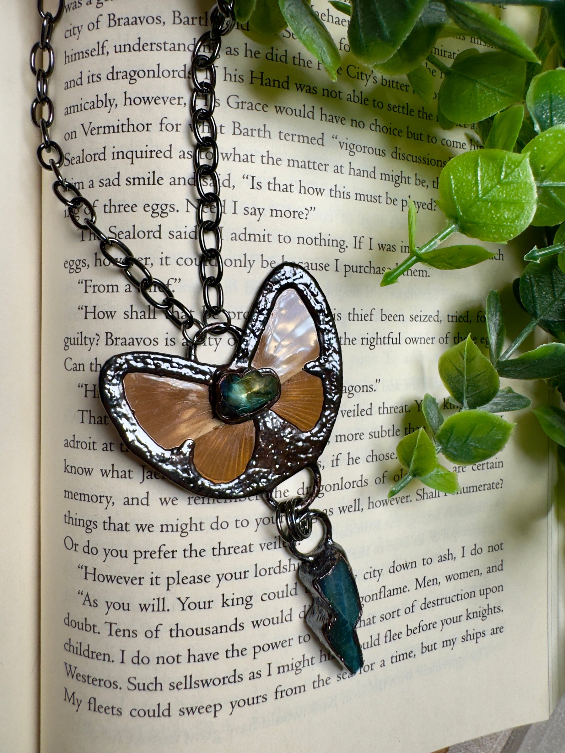 Butterfly and and Labradorite Necklace detail view by Copper Ashes