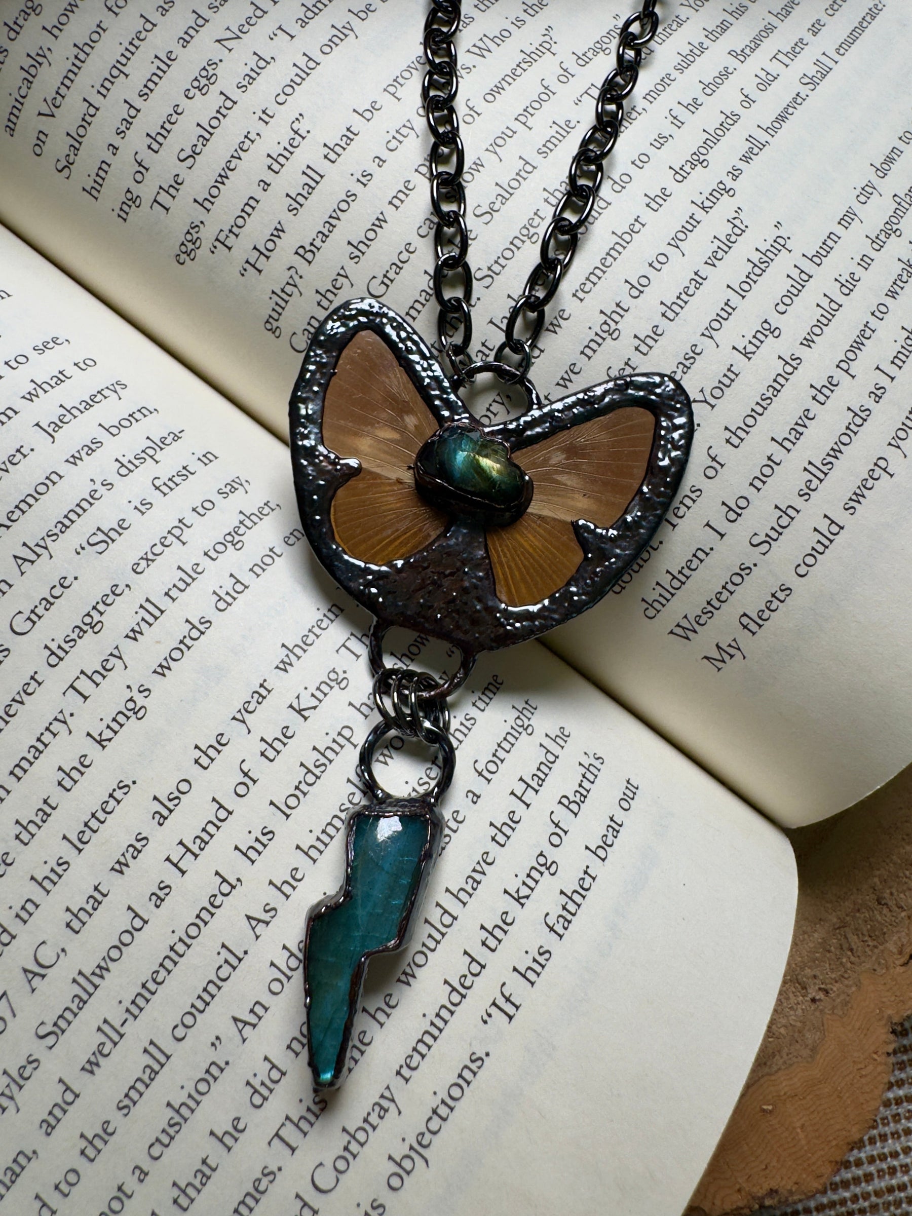 Butterfly and and Labradorite Necklace detail view by Copper Ashes