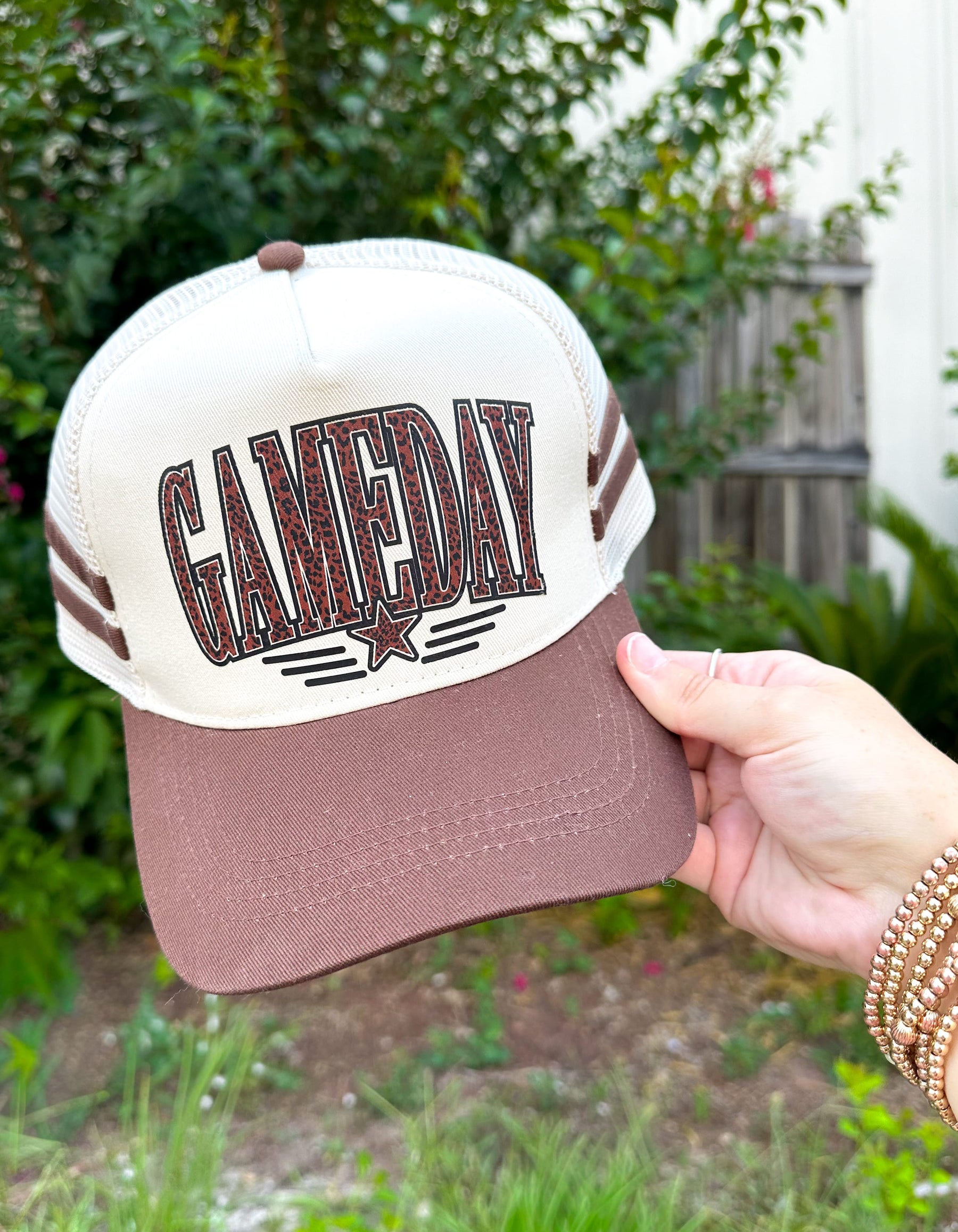 GAMEDAY Leopard Brown Striped Canvas Trucker Hat detail view by Southern Bliss Company