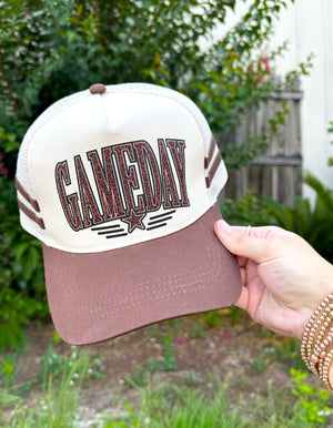 GAMEDAY Leopard Brown Striped Canvas Trucker Hat detail view by Southern Bliss Company