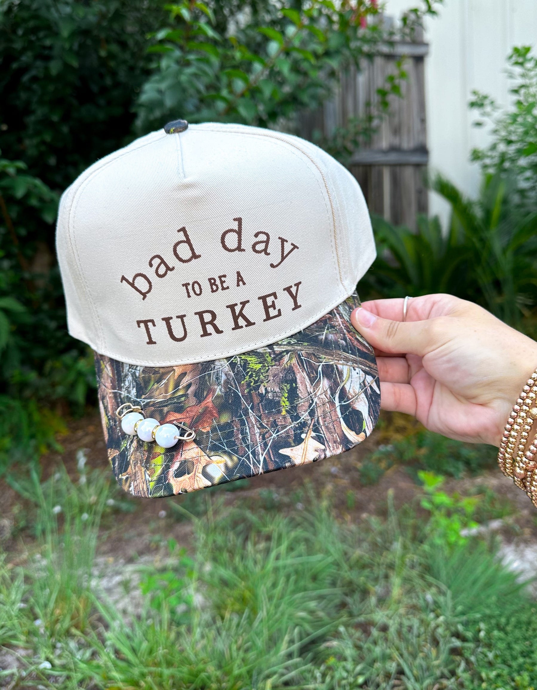 Bad Day To Be A Turkey Khaki/ Real Camo Canvas Trucker detail view by Southern Bliss Company