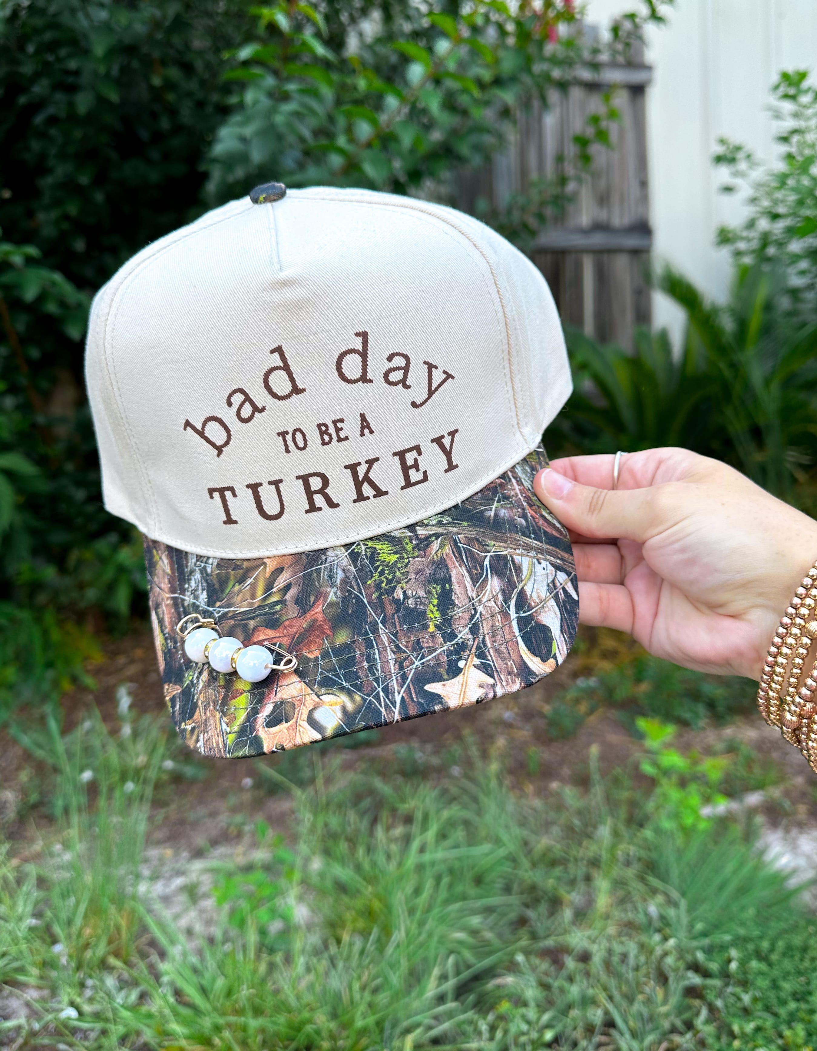 Bad Day To Be A Turkey Khaki/ Real Camo Canvas Trucker detail view by Southern Bliss Company