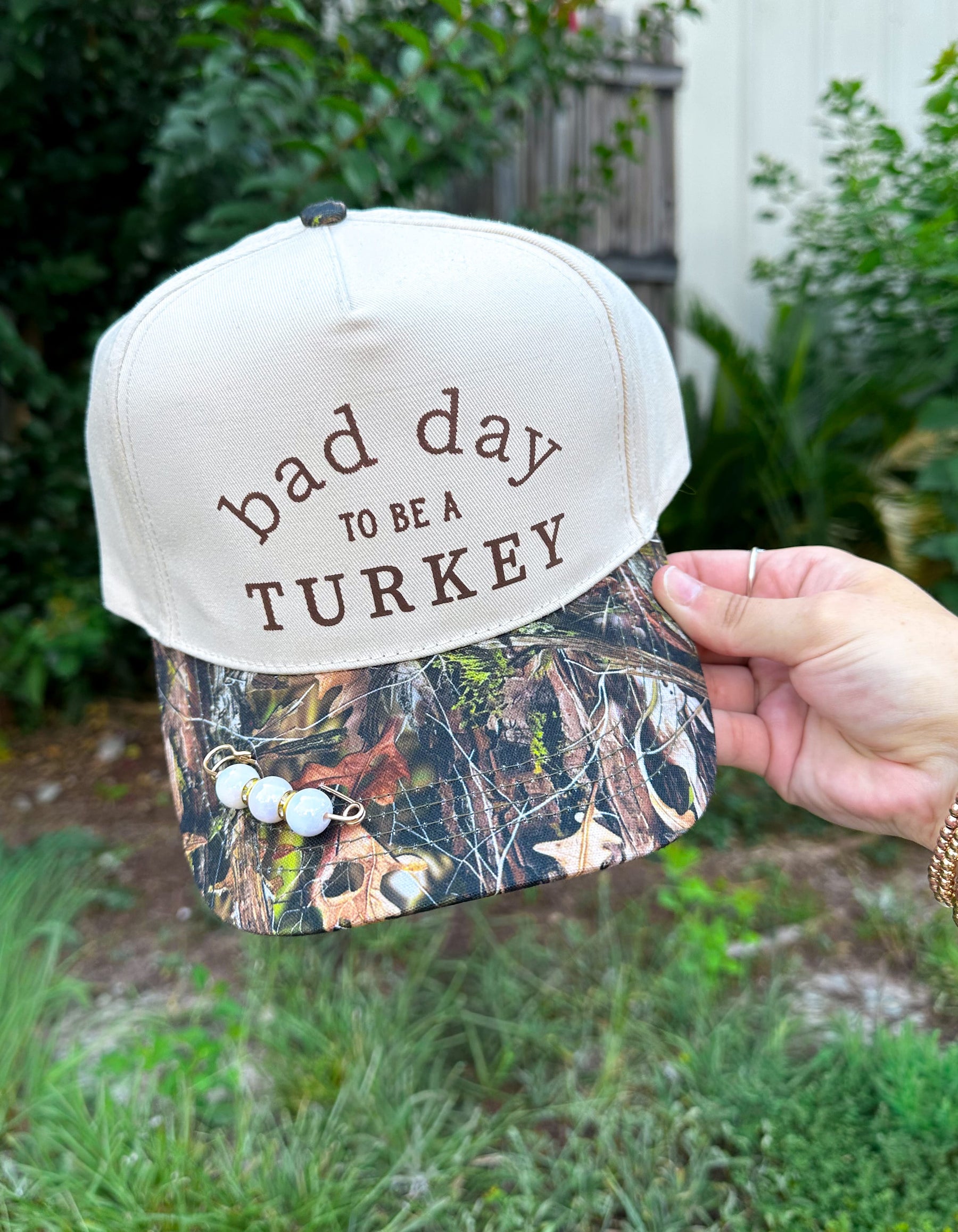 Bad Day To Be A Turkey Khaki/ Real Camo Canvas Trucker detail view by Southern Bliss Company