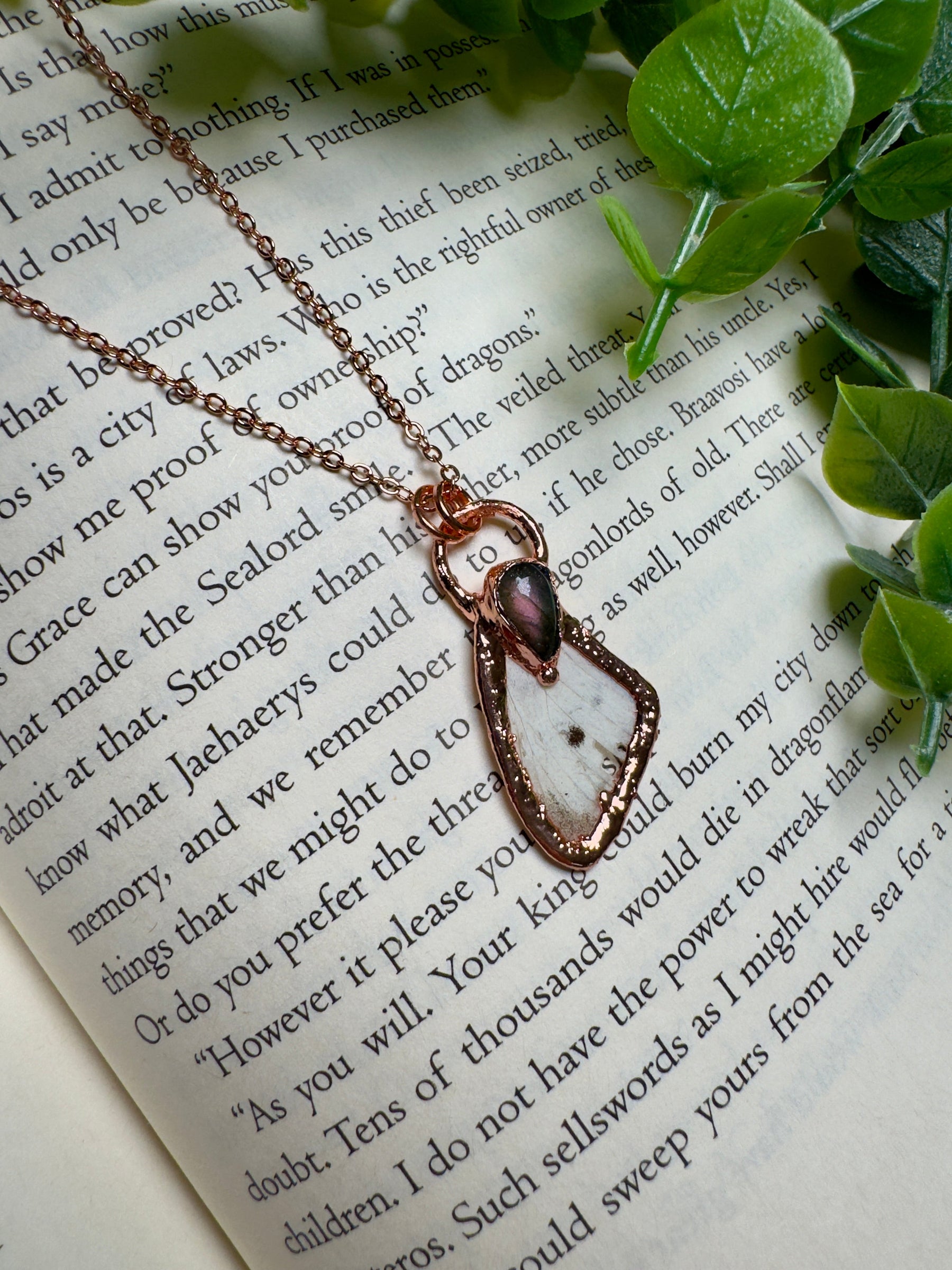 Butterfly Wing and Labradorite Necklace detail view by Copper Ashes