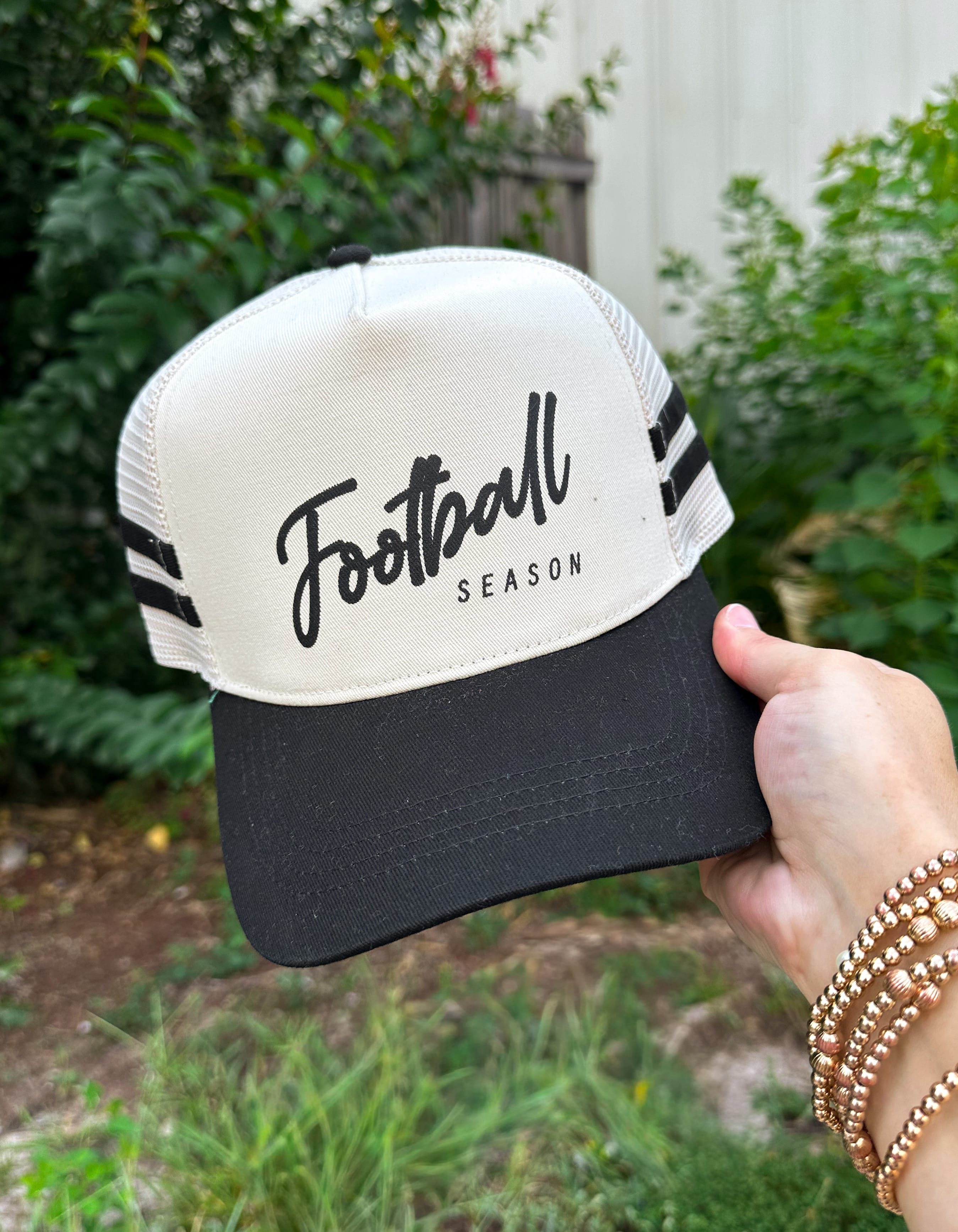 Football Season Black Striped Canvas Trucker Hat detail view by Southern Bliss Company