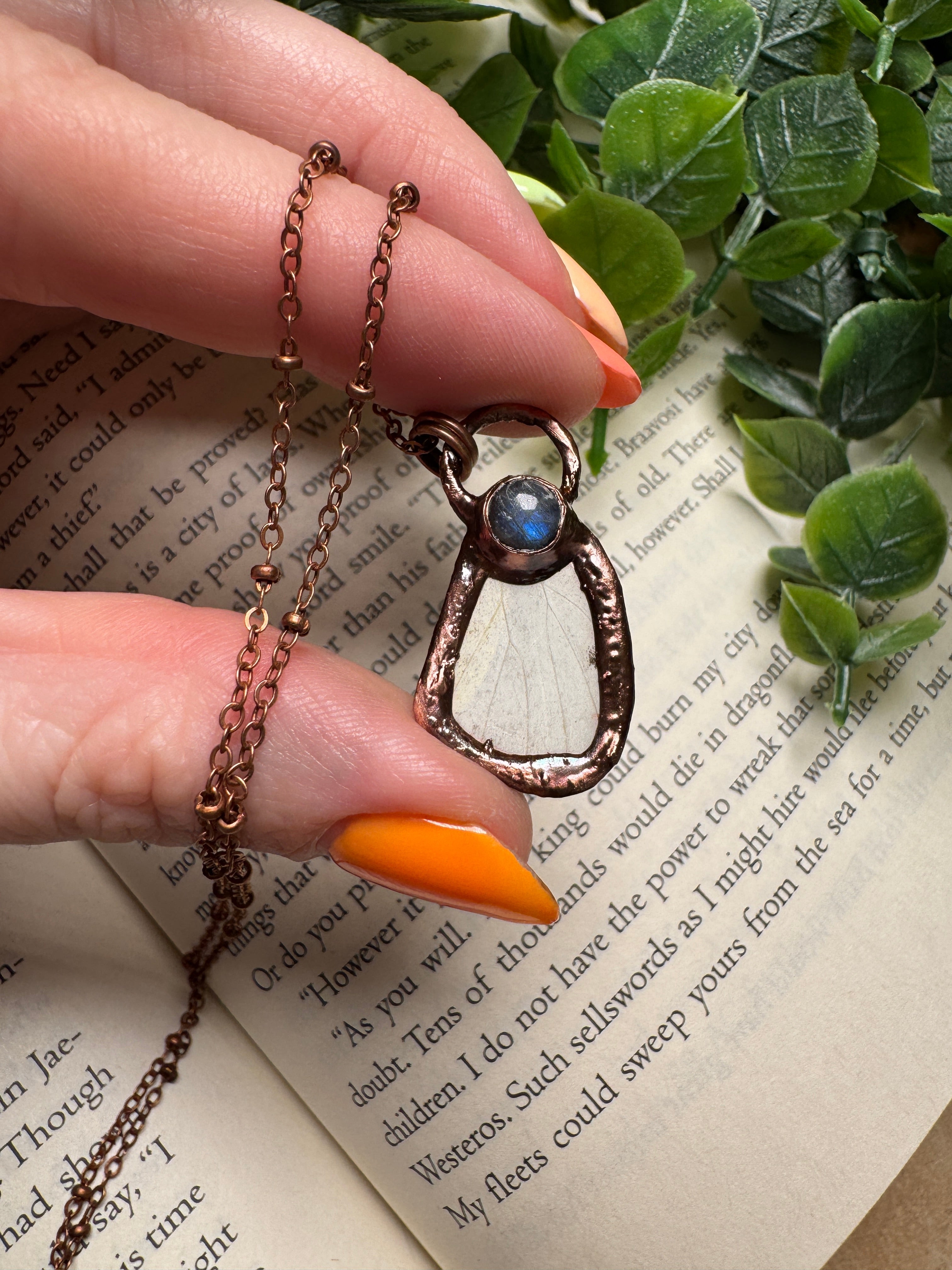 Butterfly Wing and Labradorite Necklace detail view by Copper Ashes