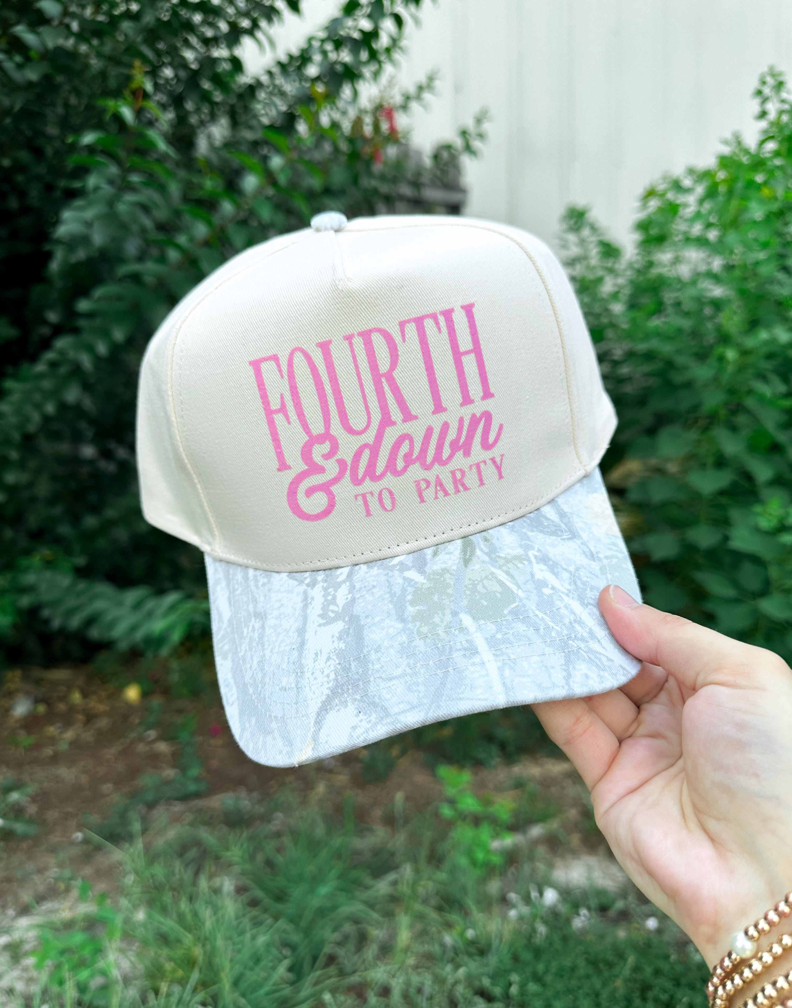 Fourth & Down to Party Khaki/ Washed Camo Canvas Trucker by Southern Bliss Company