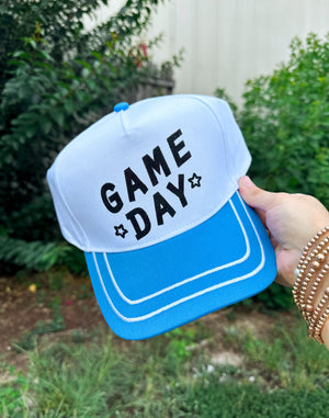 Game Day White/Blue Canvas Trucker Hat detail view by Southern Bliss Company