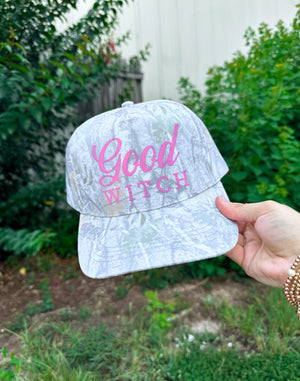 Good Witch (pink font) Washed Camo Canvas Trucker by Southern Bliss Company