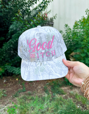 Good Witch (pink font) Washed Camo Canvas Trucker detail view by Southern Bliss Company