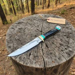 Carbon Steel 9-Inch Clip Point Bowie Knife — Buffalo Horn Handle with Turquoise Spacers by JW SteelCrafts, Damascus knife main product photo