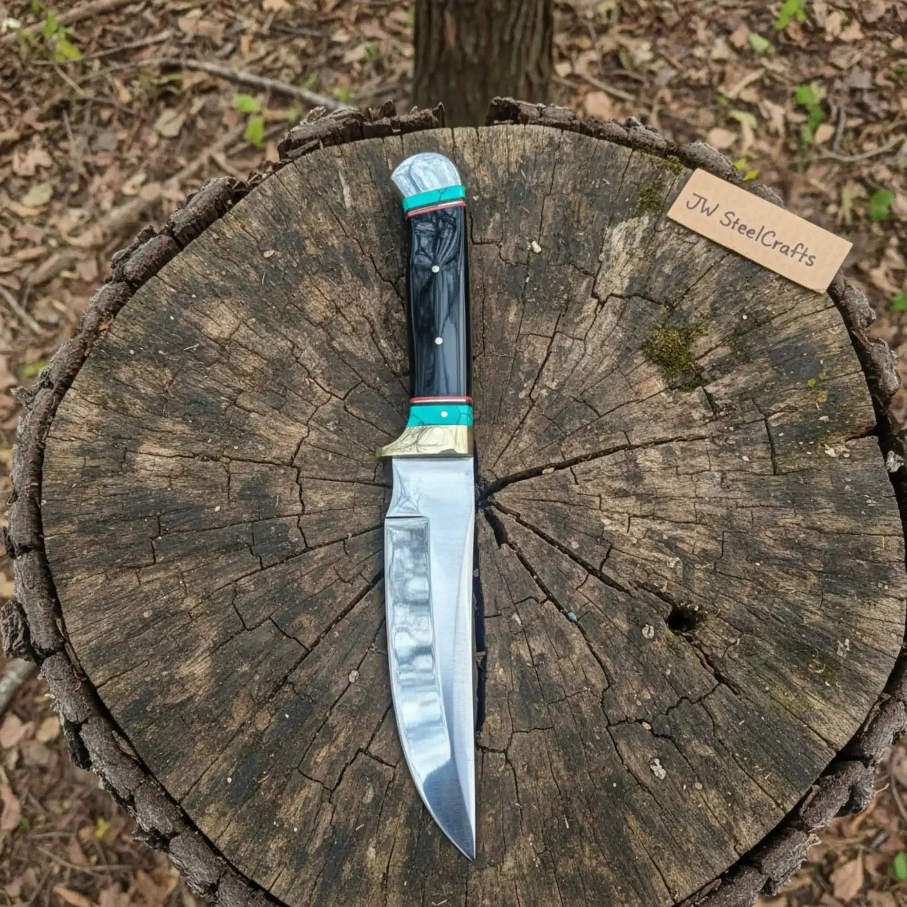 Carbon Steel 9-Inch Clip Point Bowie Knife — Buffalo Horn Handle with Turquoise Spacers detail view by JW SteelCrafts