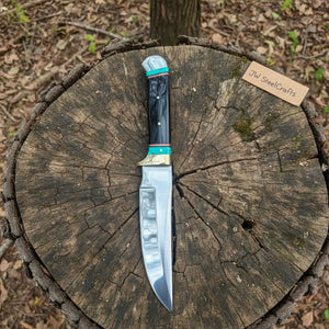 Carbon Steel 9-Inch Clip Point Bowie Knife — Buffalo Horn Handle with Turquoise Spacers detail view by JW SteelCrafts