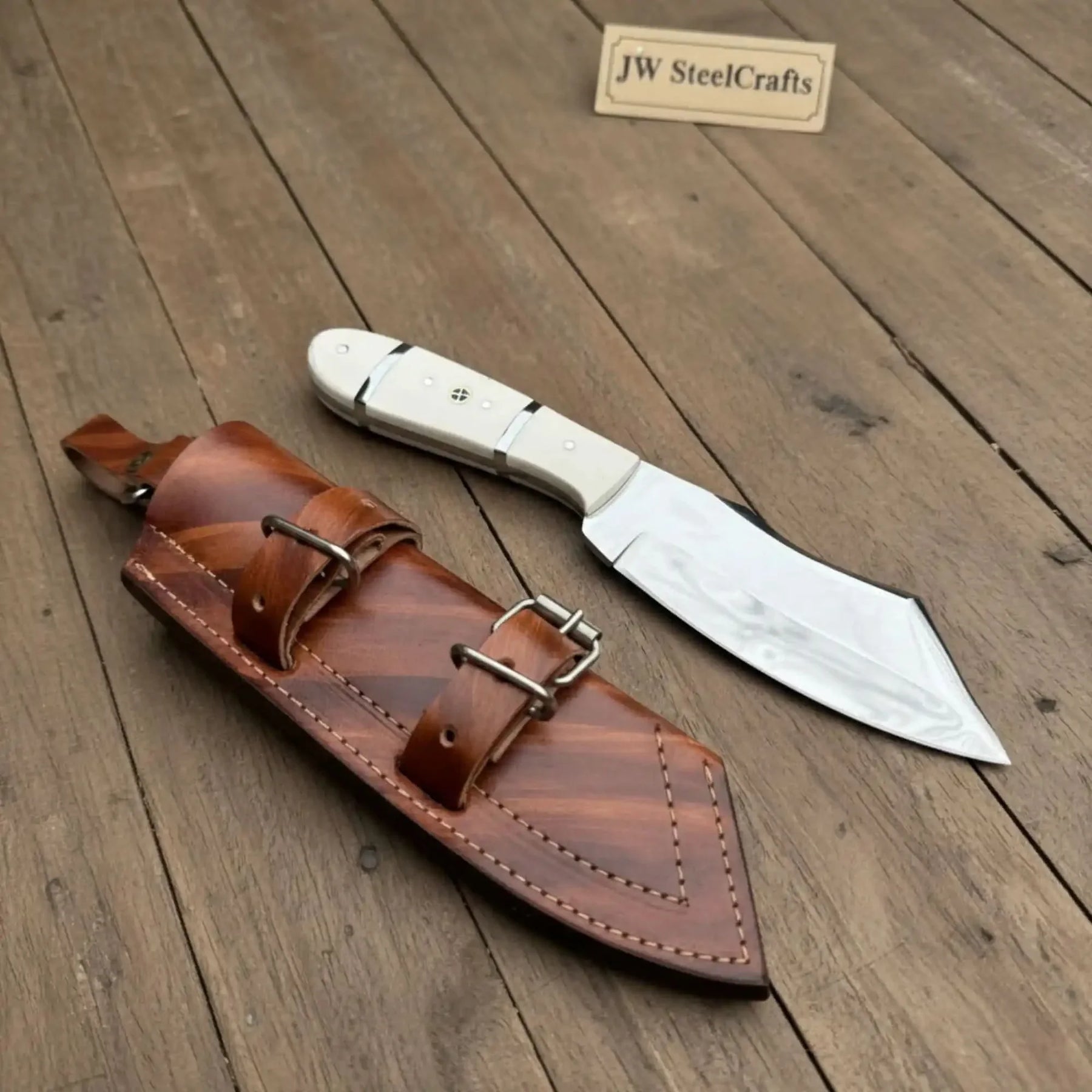 Handmade Carbon Steel Hunting Knife with White Epoxy Resin Handle by JW SteelCrafts, Damascus knife detail photo 3
