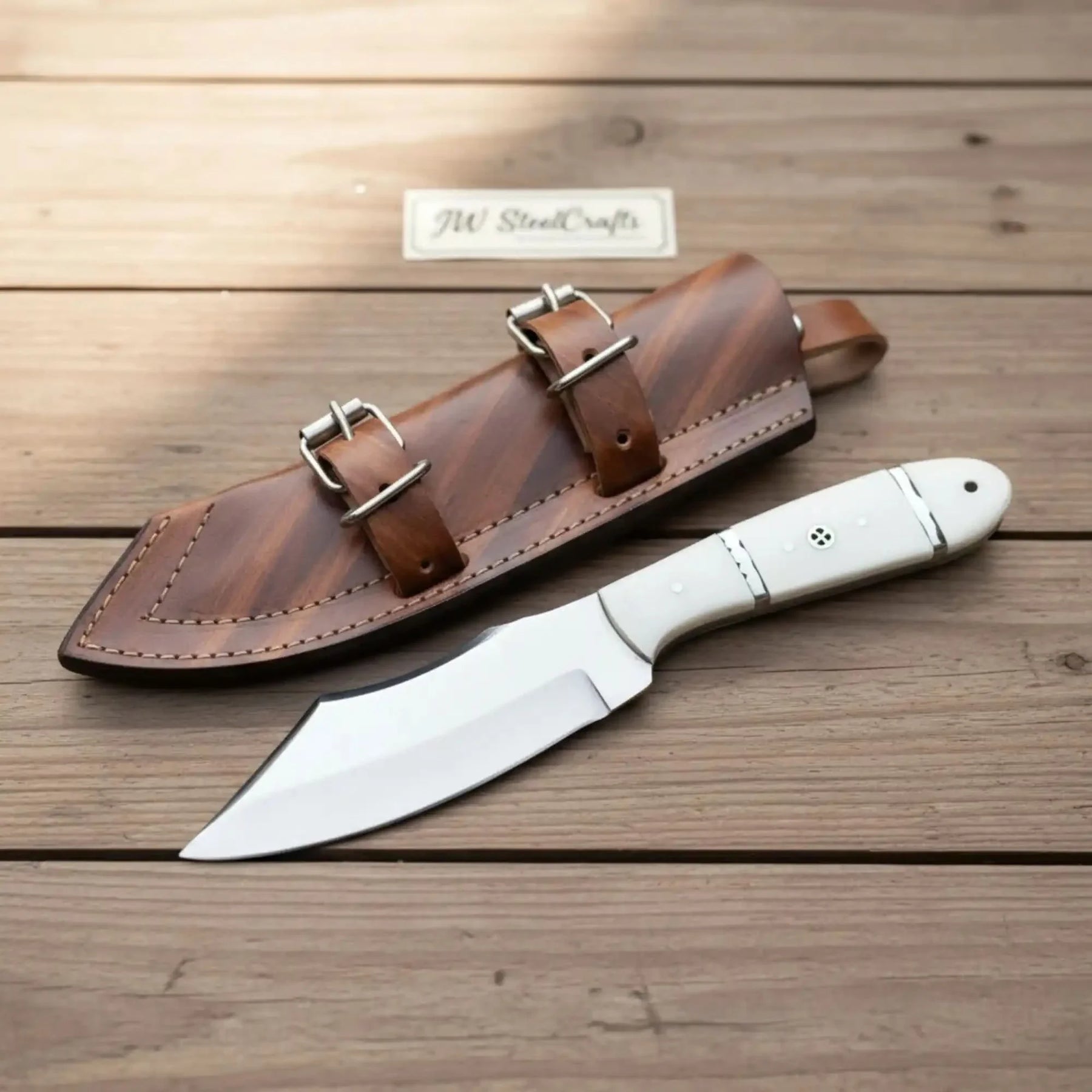 Handmade Carbon Steel Hunting Knife with White Epoxy Resin Handle by JW SteelCrafts, Damascus knife main product photo