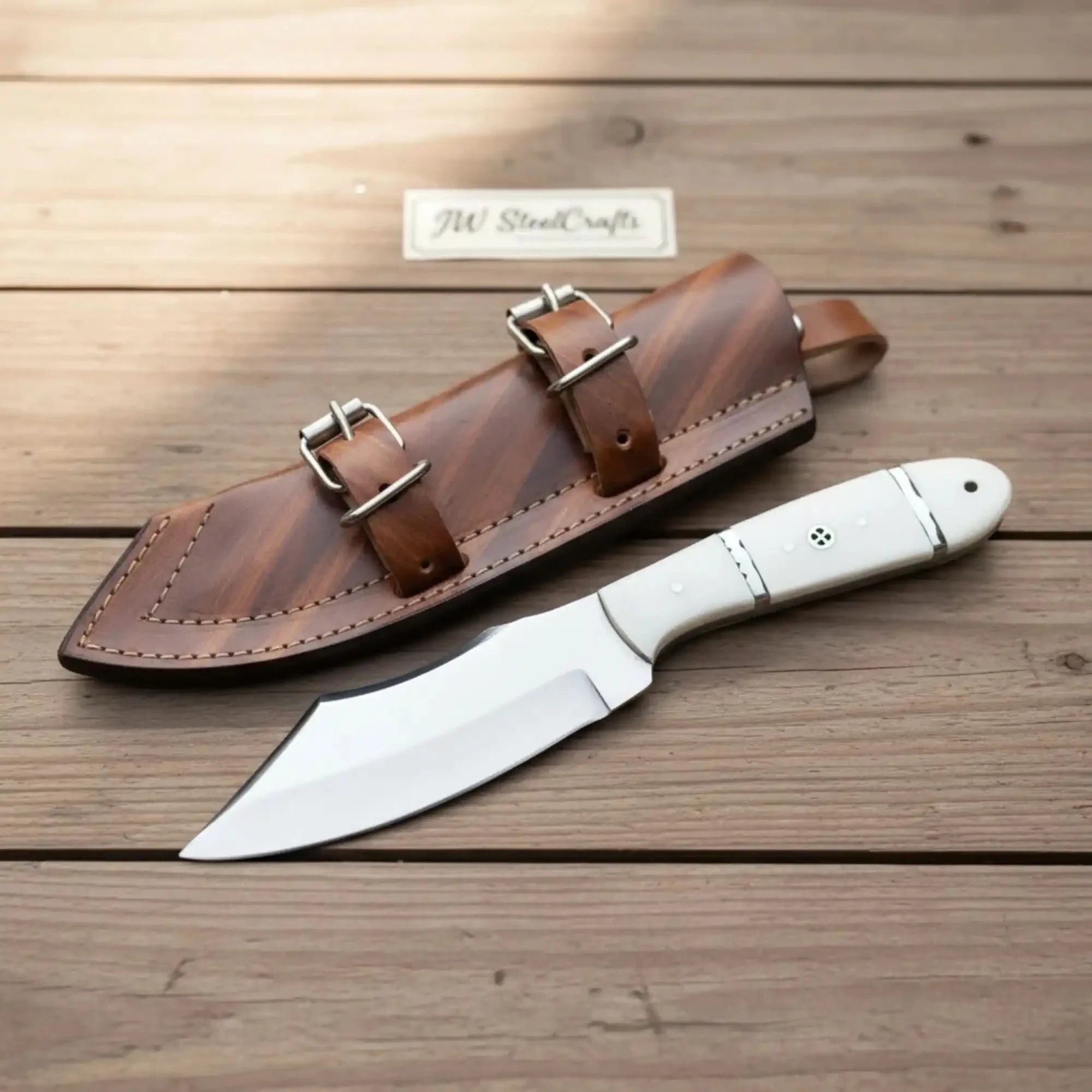 Handmade Carbon Steel Hunting Knife with White Epoxy Resin Handle by JW SteelCrafts, Damascus knife main product photo