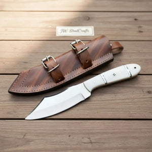 Handmade Carbon Steel Hunting Knife with White Epoxy Resin Handle by JW SteelCrafts, Damascus knife main product photo