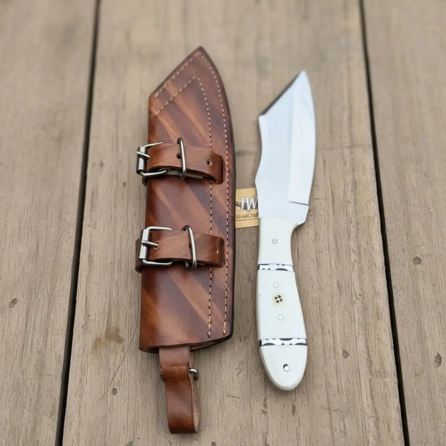 Handmade Carbon Steel Hunting Knife with White Epoxy Resin Handle by JW SteelCrafts, Damascus knife detail photo 5