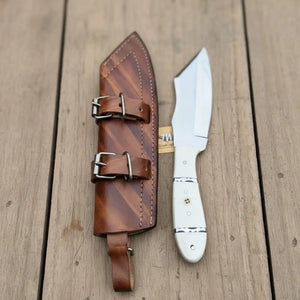 Handmade Carbon Steel Hunting Knife with White Epoxy Resin Handle by JW SteelCrafts, Damascus knife detail photo 5