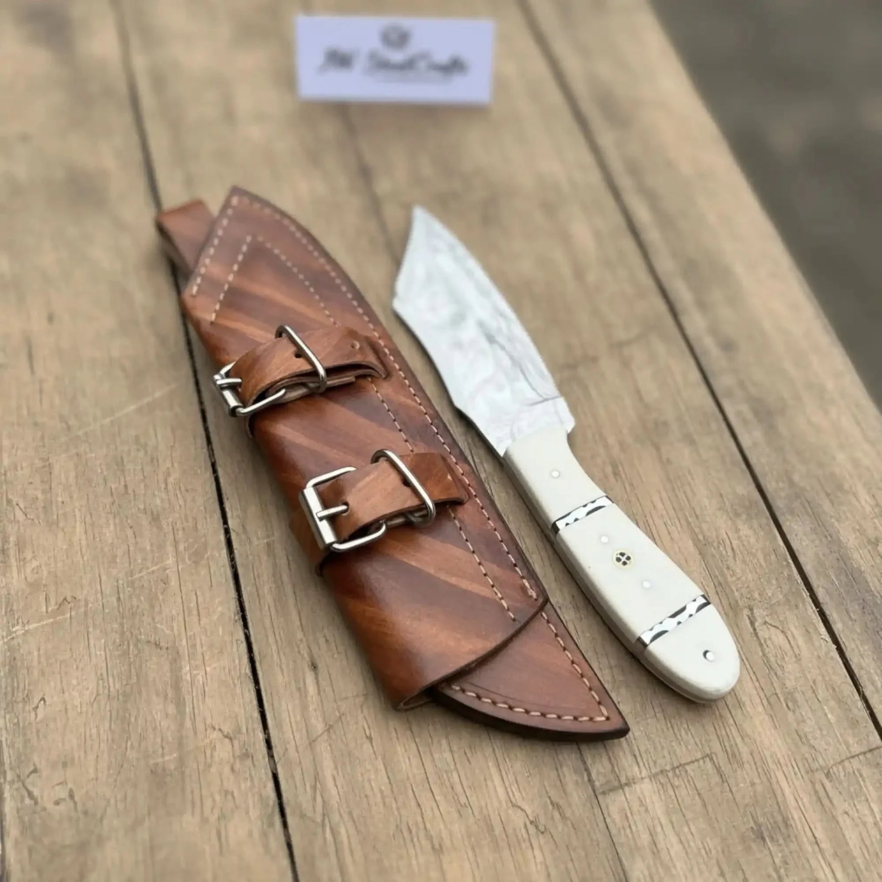 Handmade Carbon Steel Hunting Knife with White Epoxy Resin Handle by JW SteelCrafts, Damascus knife detail photo 4