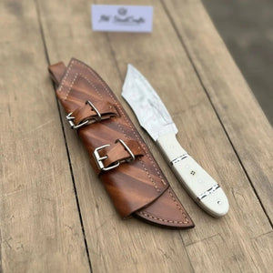 Handmade Carbon Steel Hunting Knife with White Epoxy Resin Handle by JW SteelCrafts, Damascus knife detail photo 4