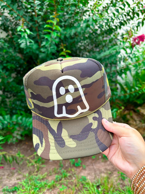 Ghost Full Camo Trucker Hat detail view by Southern Bliss Company
