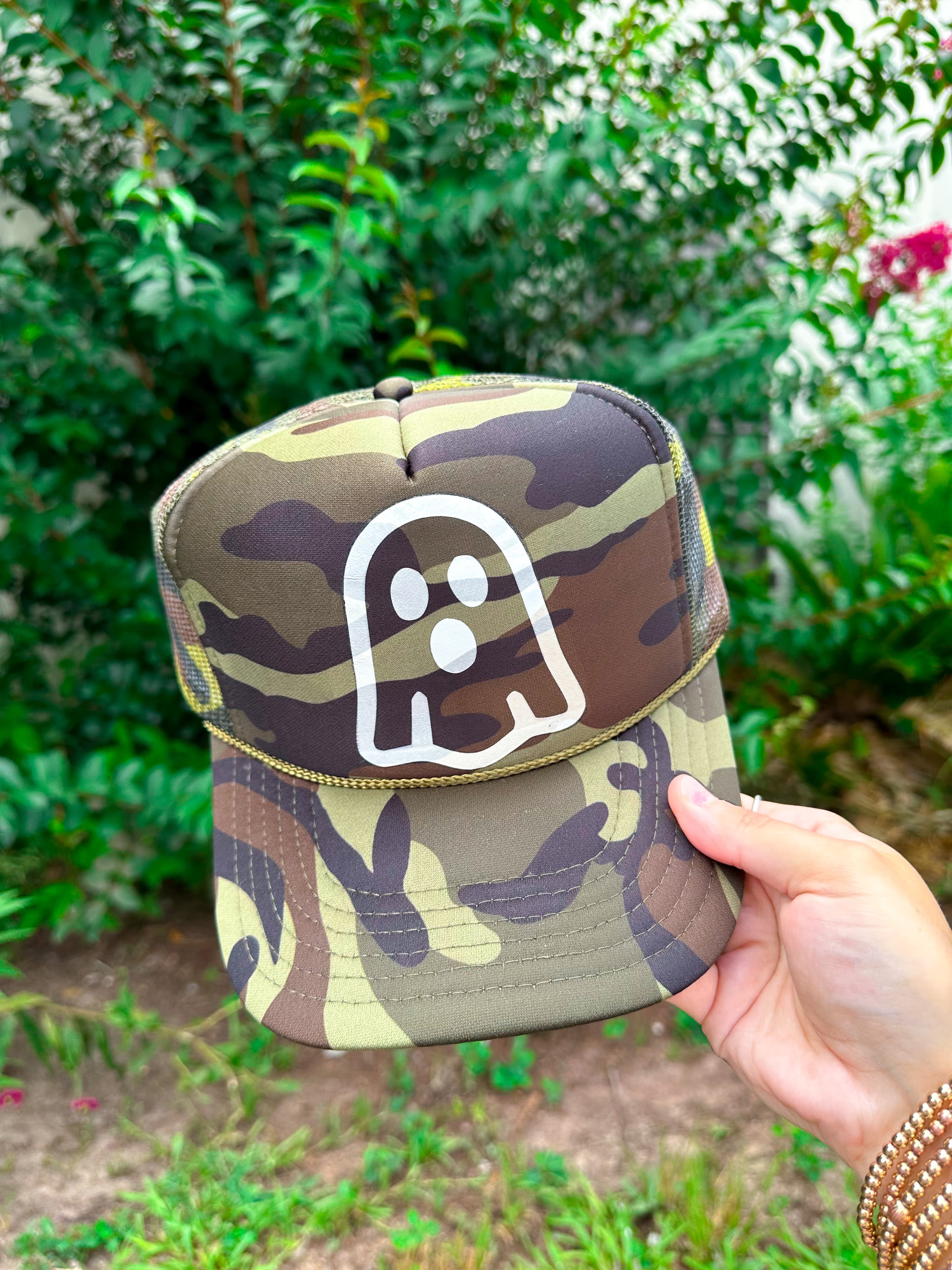 Ghost Full Camo Trucker Hat detail view by Southern Bliss Company