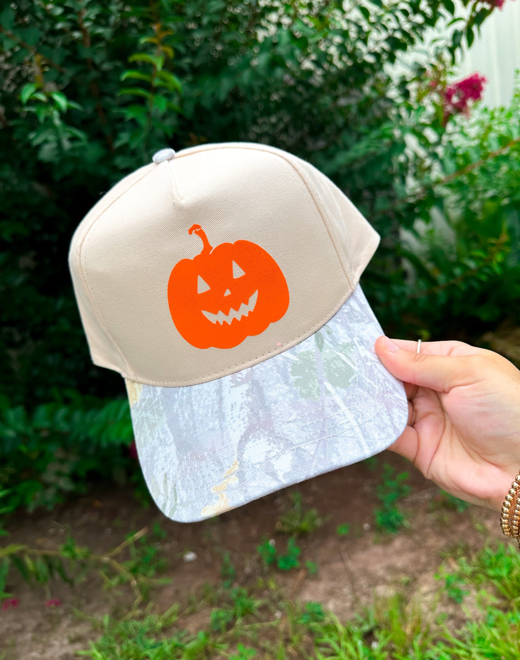 Halloween Pumpkin Khaki/Washed Camo Trucker Hat by Southern Bliss Company