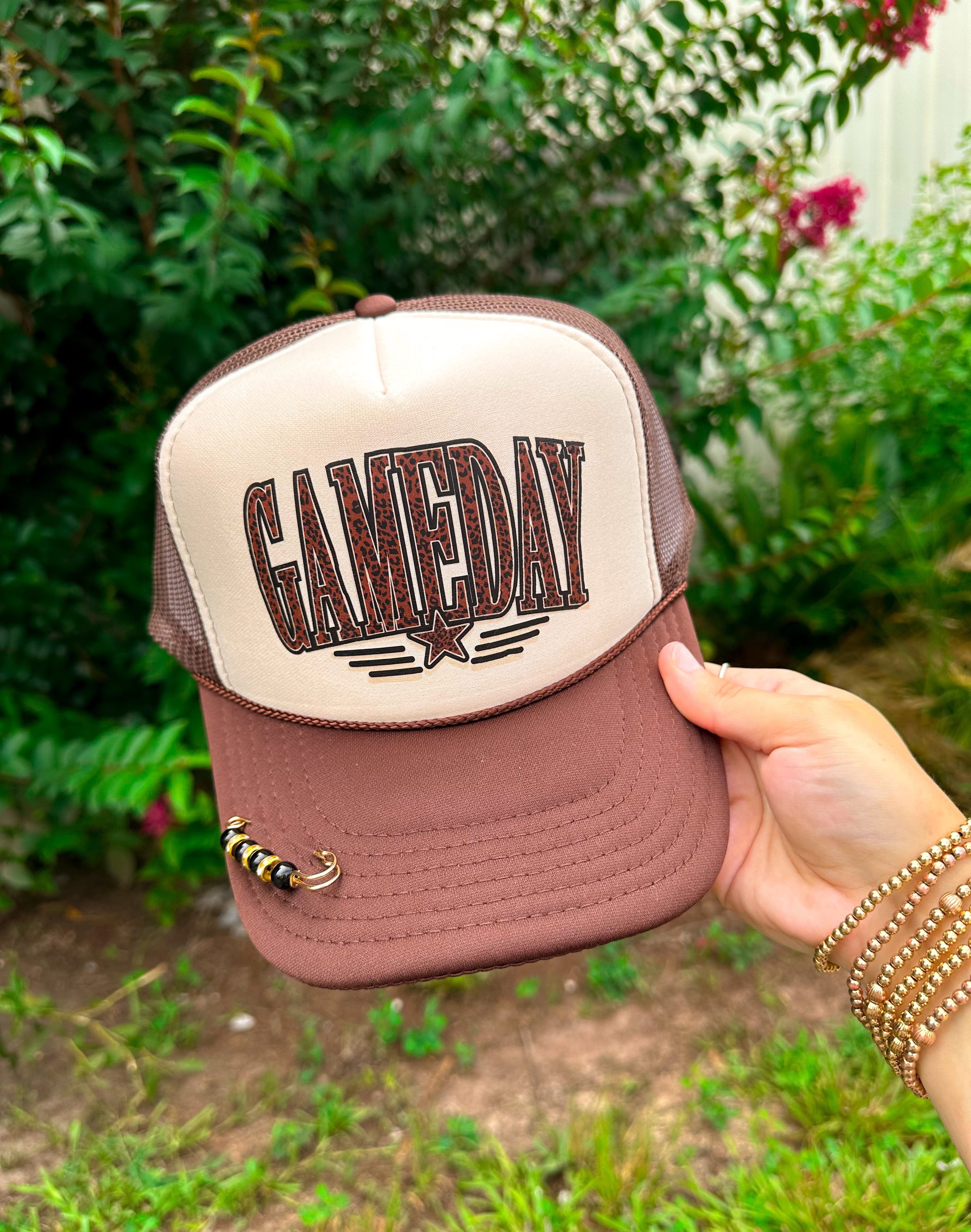 Leopard Gameday Tan/ Brown Trucker detail view by Southern Bliss Company