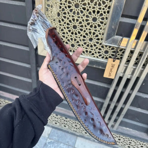 Handmade Feather Damascus Hunting Knife with Burned Camel Bone Handle & Eagle Engraving by JW SteelCrafts, Damascus knife detail photo 7