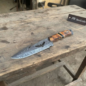 Handmade Feather Damascus Hunting Knife with Burned Camel Bone Handle & Eagle Engraving by JW SteelCrafts, Damascus knife detail photo 9