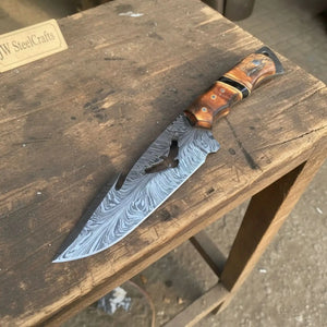 Handmade Feather Damascus Hunting Knife with Burned Camel Bone Handle & Eagle Engraving by JW SteelCrafts, Damascus knife detail photo 2