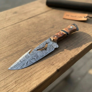 Handmade Feather Damascus Hunting Knife with Burned Camel Bone Handle & Eagle Engraving by JW SteelCrafts, Damascus knife main product photo